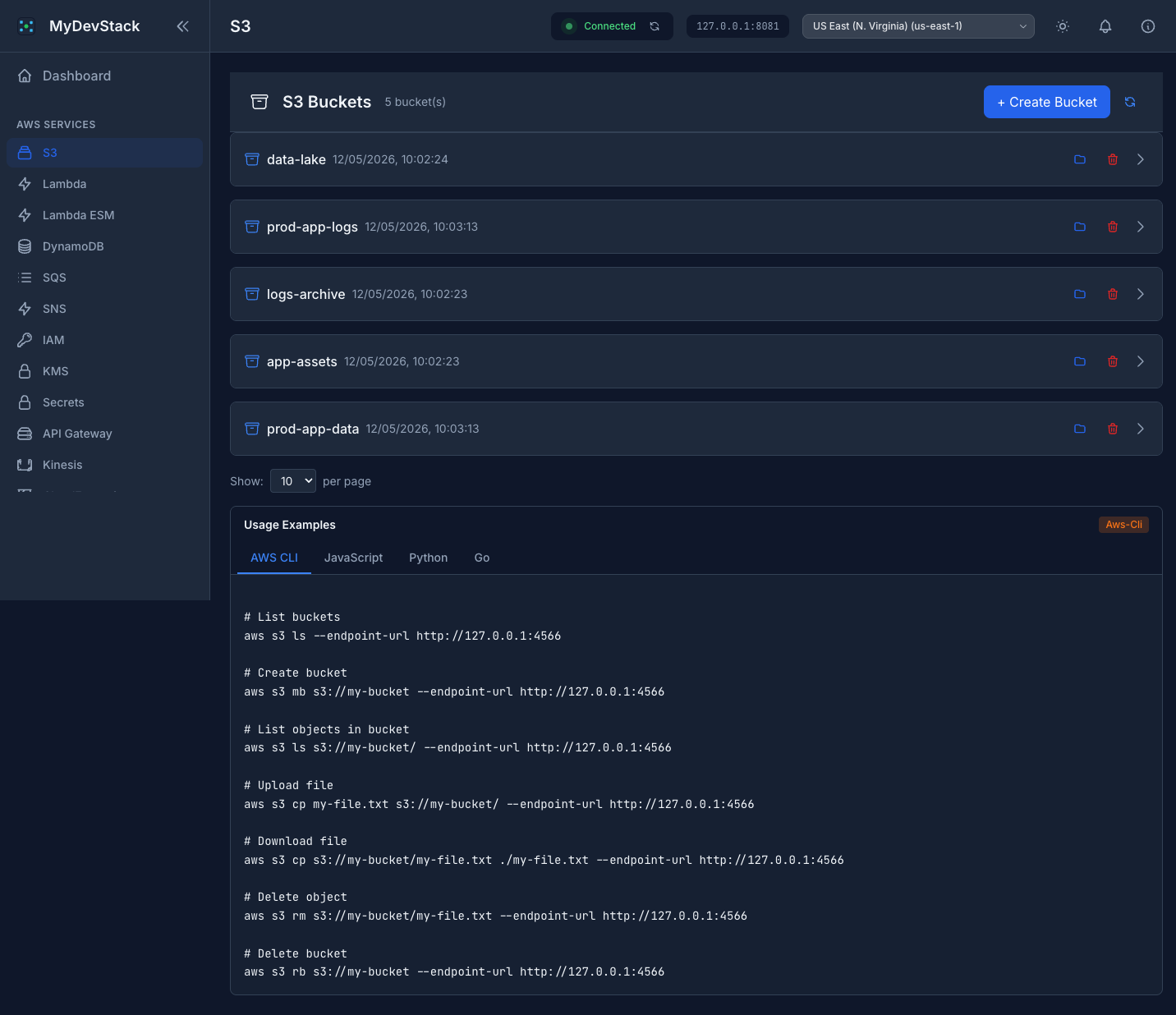 S3 Buckets management interface